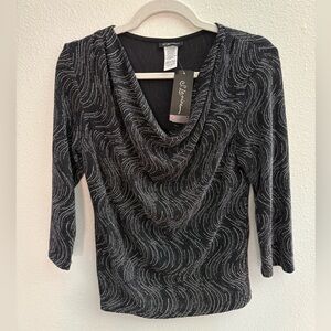 S. Levine Elegant Black and Silver Swirl Cowl Neck Top GLITTER ✨  Small NWT